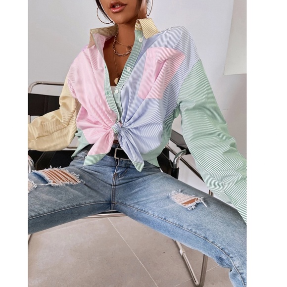Multicolor Striped Casual Oversized Button Down Shirt Blue, Green, Yellow, Pink - Picture 5 of 11